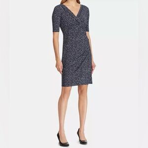 Lauren Ralph Lauren Ruched Dress Navy Printed Matte Jersey Knit Sz 6P Office
